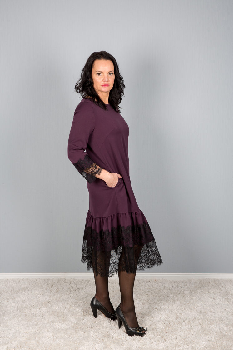 Dress in aubergine color with black lace Fall winter collection Dresses kniting jacket hats