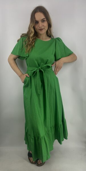 Linen dress Green with a straight frill