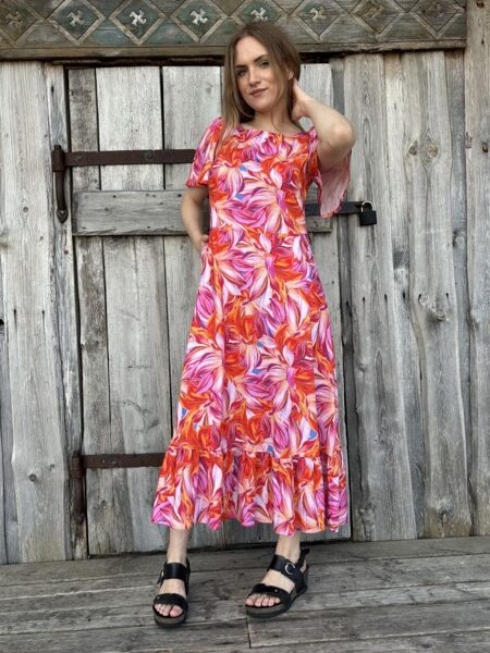 Linen dress Red flowers with a straight frill