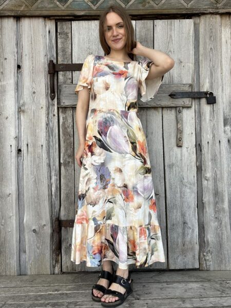 Linen dress Pastel with light flowers, straight frill