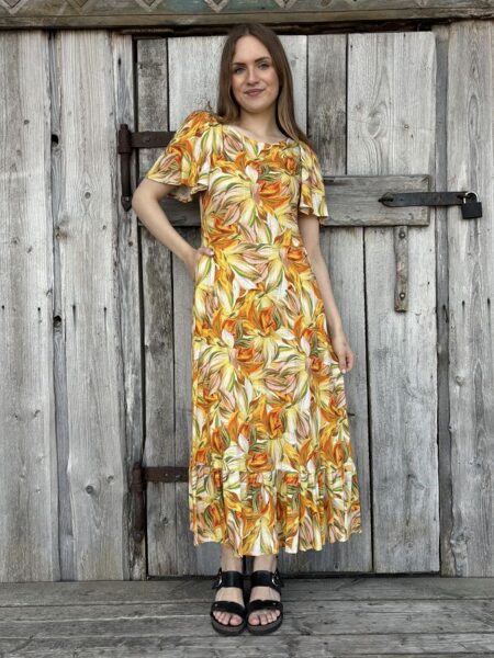 Linen dress Yellow flowers, straight frill