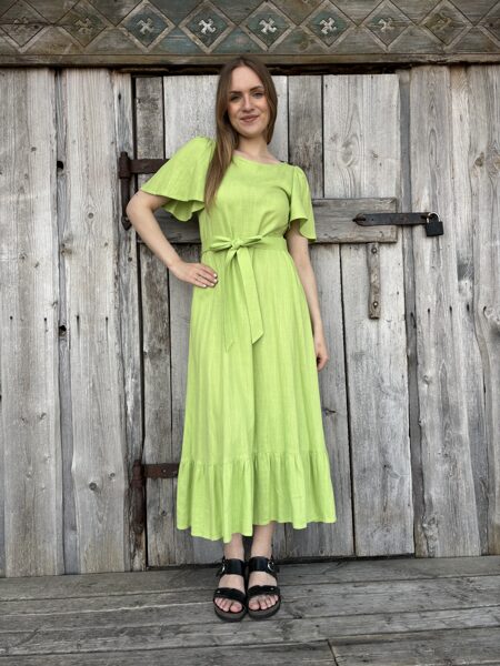 Linen dress Salad green with a straight frill