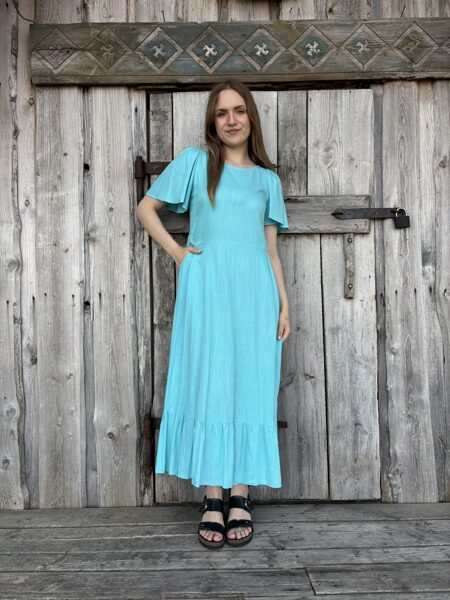 Linen dress Turquoise with a straight frill