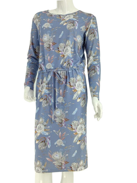 Dress in light denim blue with floral motifs